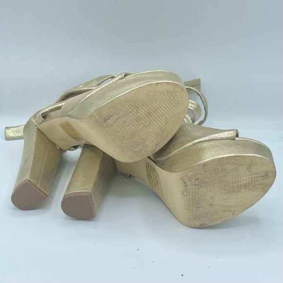 Gold Faux Leather Ankle Tie Sandal Heels Size 7 - Picture 12 of 16